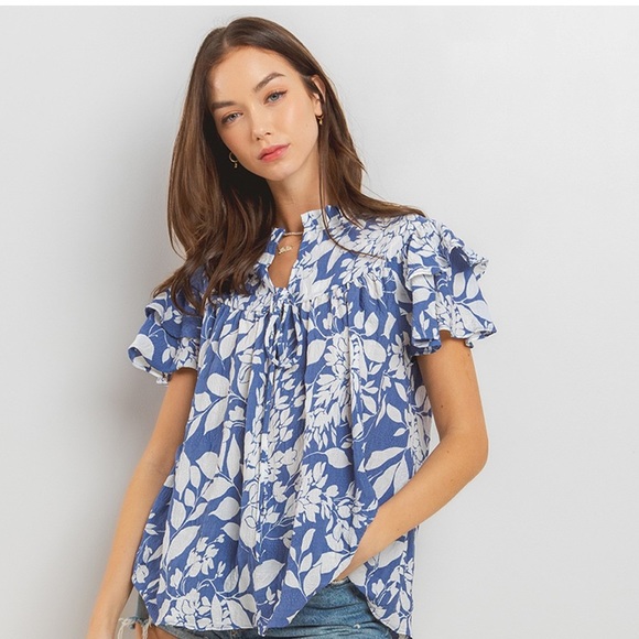 09 Boho Leaf Print Ruffle Sleeve Blouse Top - Picture 6 of 7